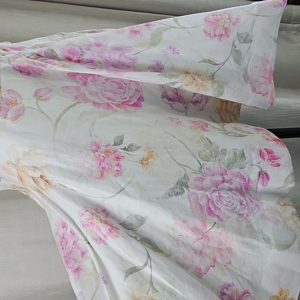 ANTONIO MELANI Iris Linen Floral Short Sleeve Mockneck Mini Dress: Ivory/Floral - Picture 3 of 15